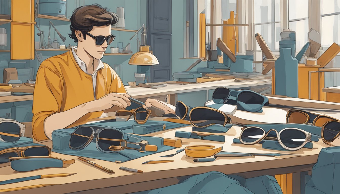 A sleek, modern workshop filled with high-quality materials and precision tools. A skilled artisan meticulously crafts a pair of French sunglasses, showcasing the brand's dedication to craftsmanship