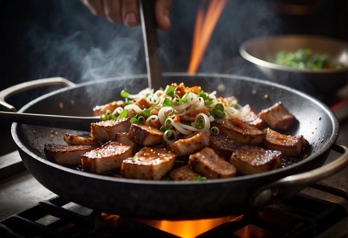 A wok sizzles as thick slices of marinated pork belly are stir-fried with garlic, ginger, and green onions. The savory aroma fills the air as the bacon caramelizes and turns golden brown