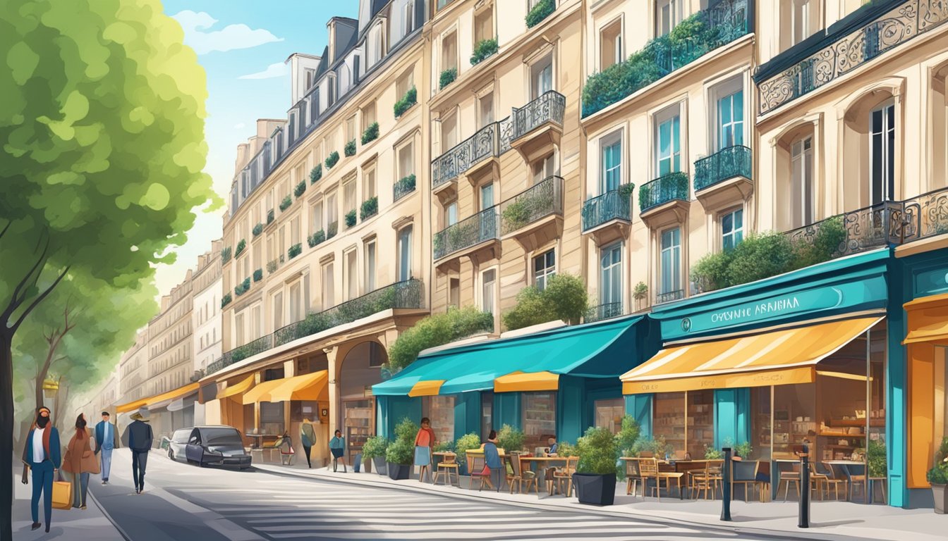 Vibrant Parisian street with stylish sunglasses shops, iconic landmarks in background