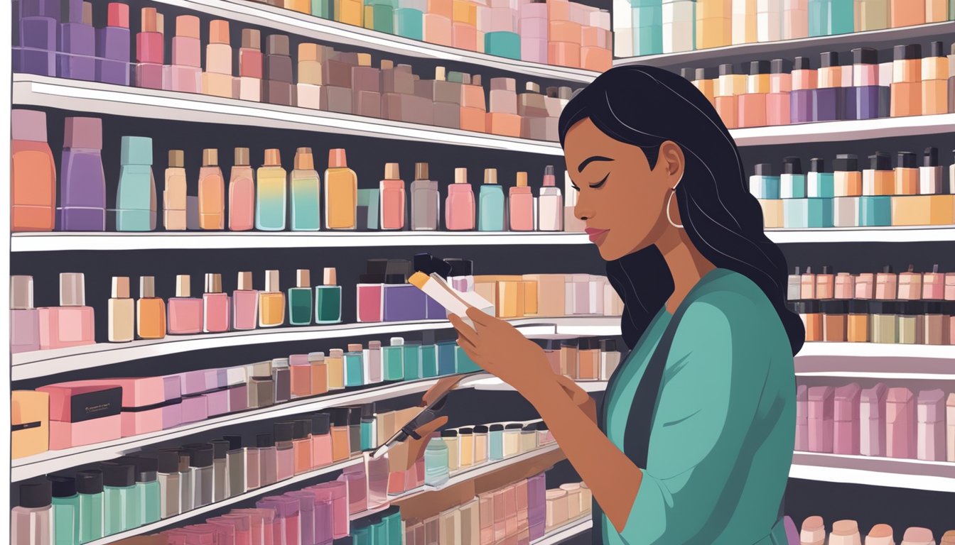 A woman browses shelves of formaldehyde-free makeup, reading labels and comparing products for safety