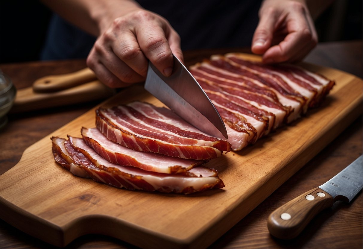 A hand reaches for a slab of chinese bacon, carefully inspecting its marbling and thickness. A cutting board and sharp knife sit nearby, ready for preparation