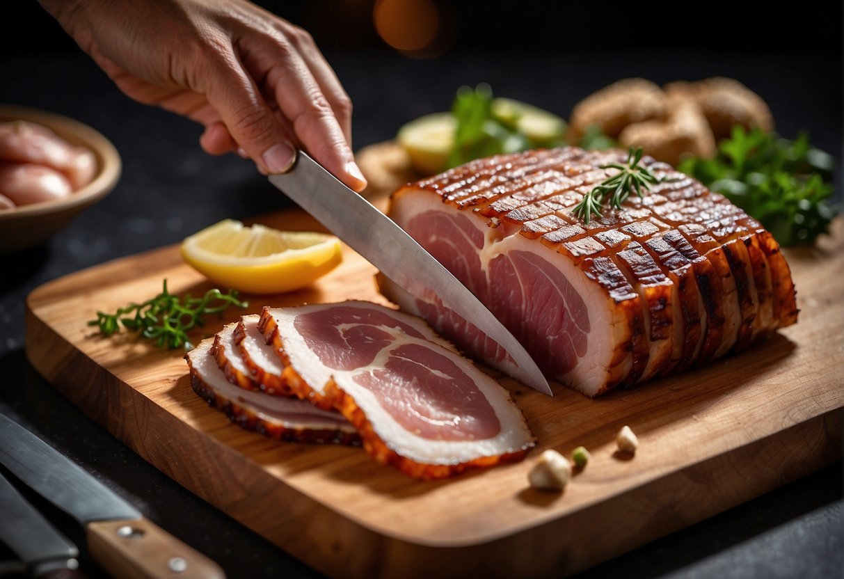 A cutting board with cured pork belly, garlic, ginger, and spices. A chef's knife slicing the bacon into thin strips