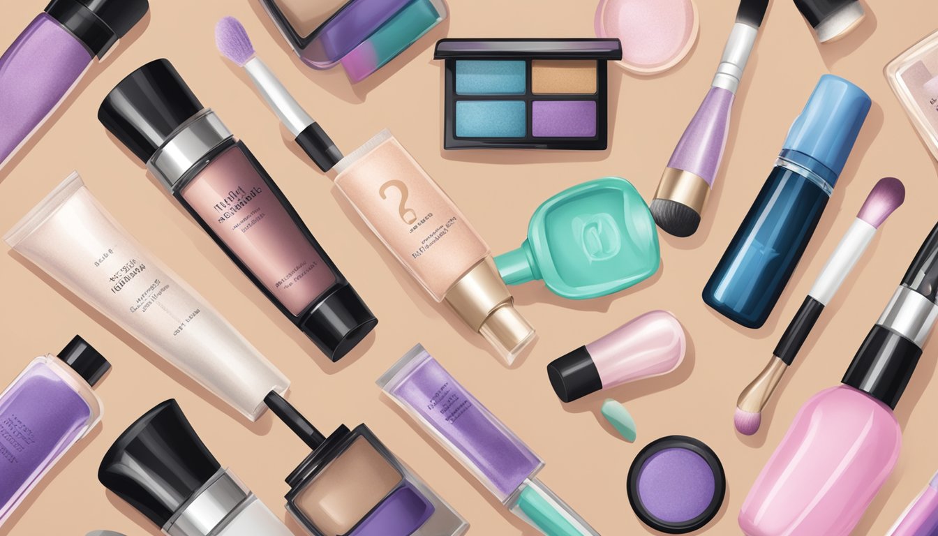 A display of various makeup products with "formaldehyde-free" labels, surrounded by question marks and a "Frequently Asked Questions" banner