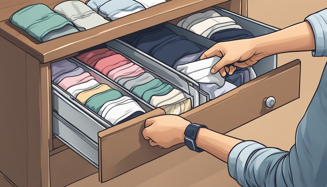 A hand reaches into a drawer, pulling out a pair of censored underwear with a perfect fit label