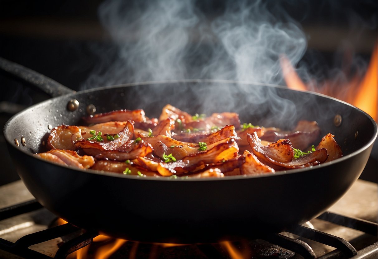 Sizzling bacon in a wok, tossing with garlic and ginger, adding soy sauce and sugar, then simmering until caramelized