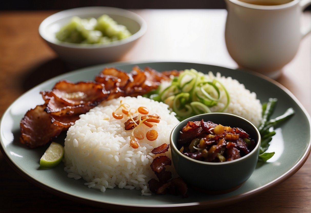A table set with a plate of crispy Chinese bacon, accompanied by a bowl of steamed rice, a small dish of pickled vegetables, and a cup of green tea