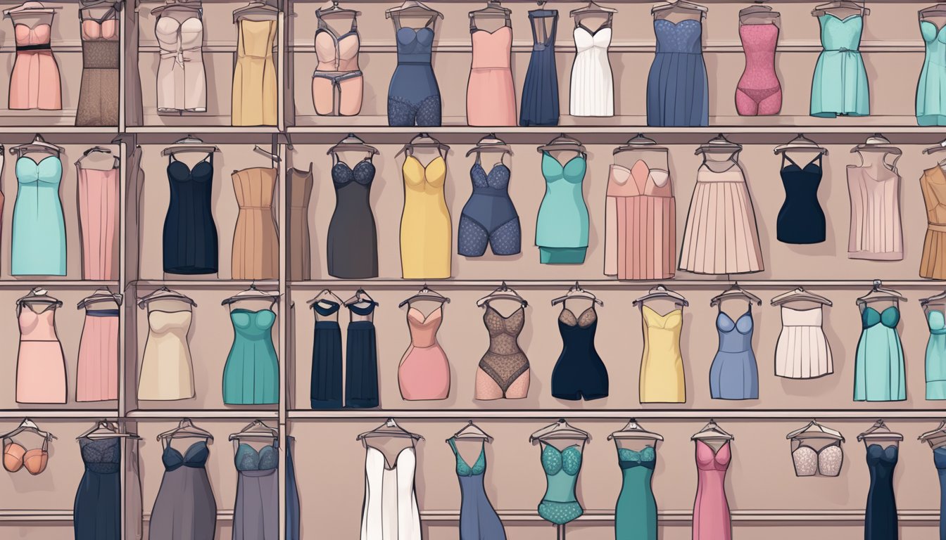 A display of censored lingerie for every occasion, featuring a variety of styles and colors, arranged neatly on shelves or mannequins