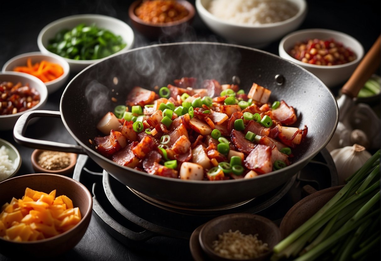 A sizzling wok with diced Chinese bacon, garlic, and green onions, surrounded by traditional cooking ingredients and utensils