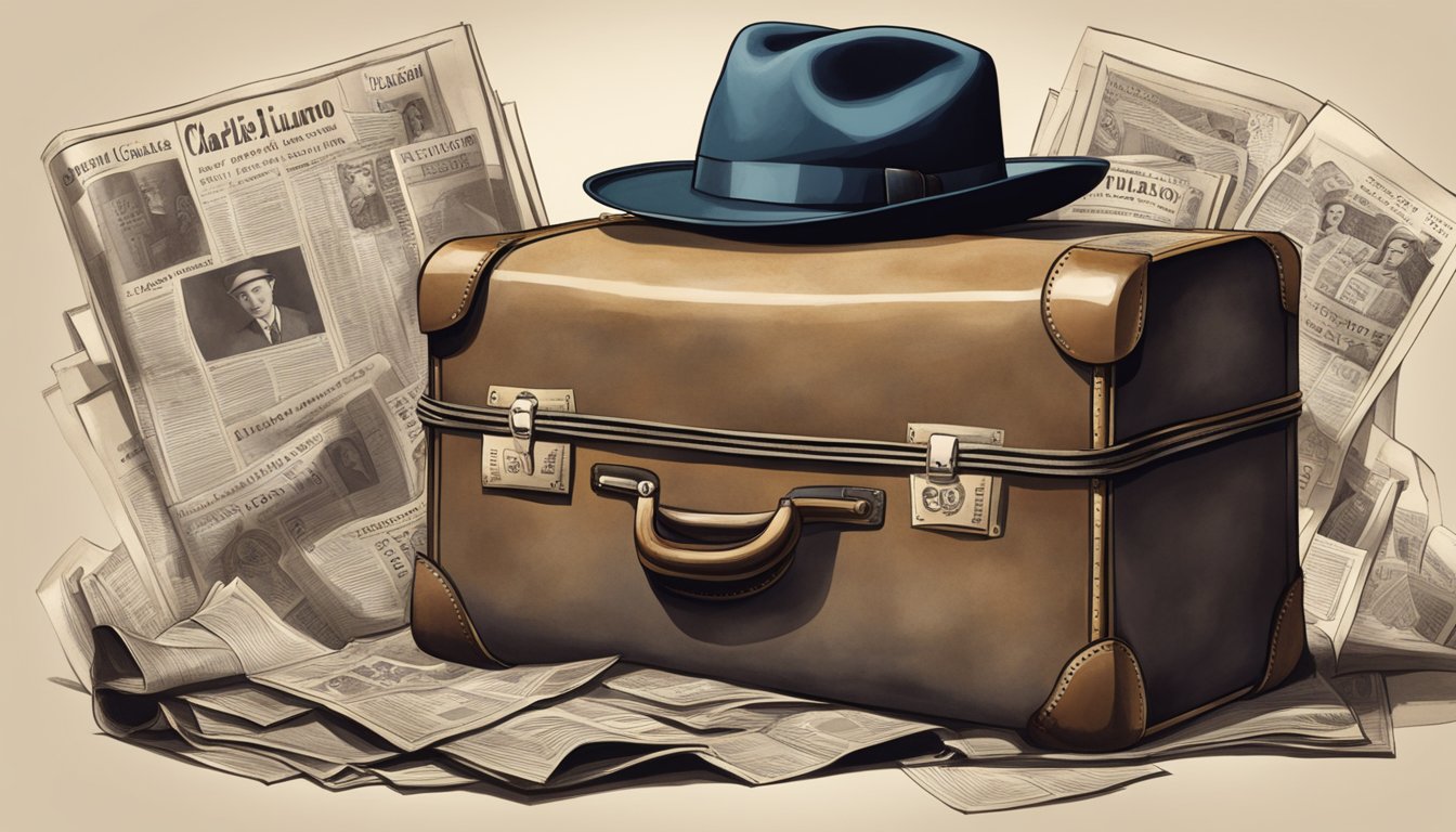 A vintage suitcase with "Charlie Luciano" brand, surrounded by old newspapers and a fedora