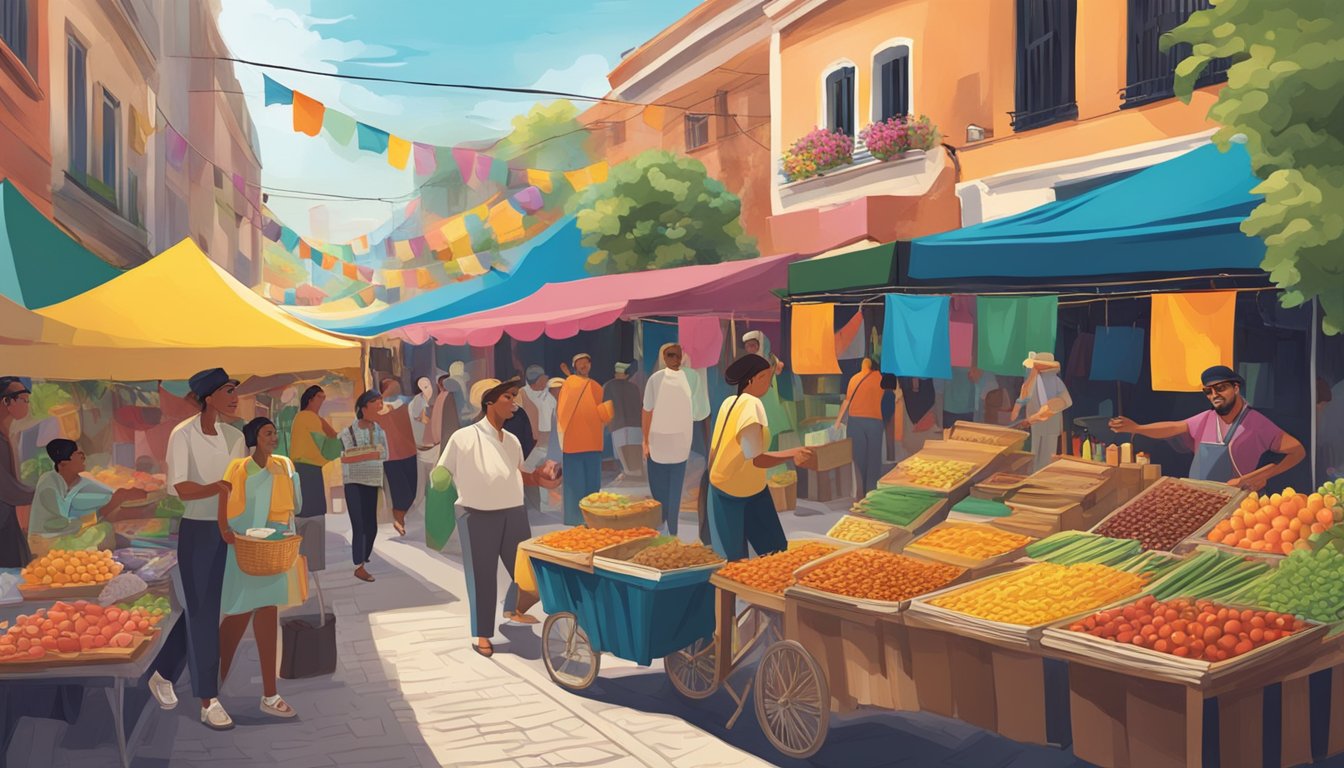 A vibrant street market with colorful banners and traditional music, showcasing the cultural references and inspirations of the Charlie Luciano brand
