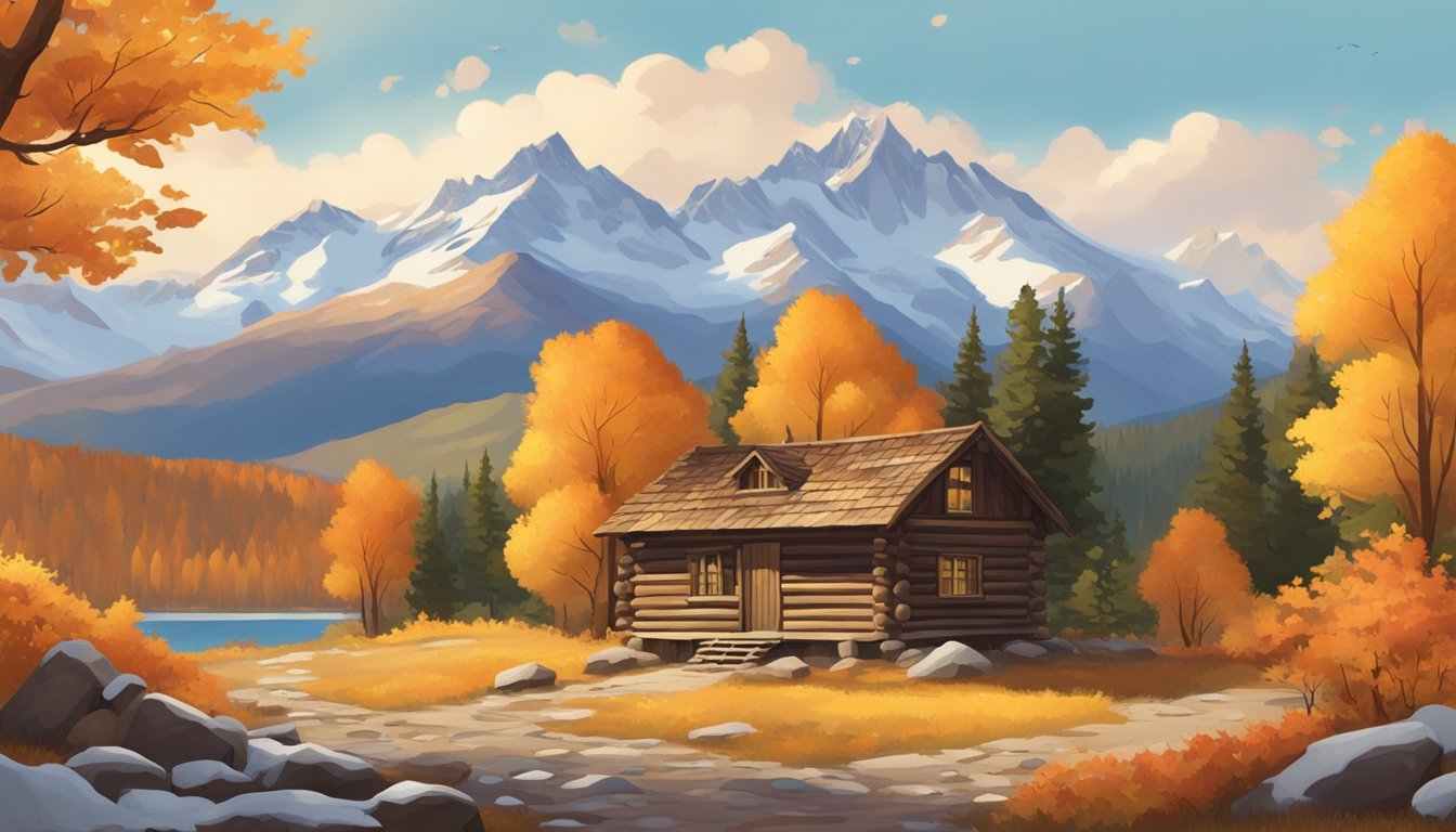 Vibrant autumn leaves surround a rustic cabin, while snow-capped mountains loom in the distance. A clear sky hints at the promise of upcoming winter adventures