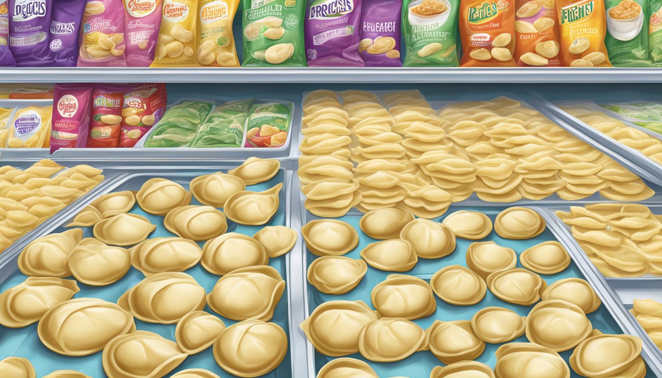 Perogies brands lay frozen on a supermarket shelf