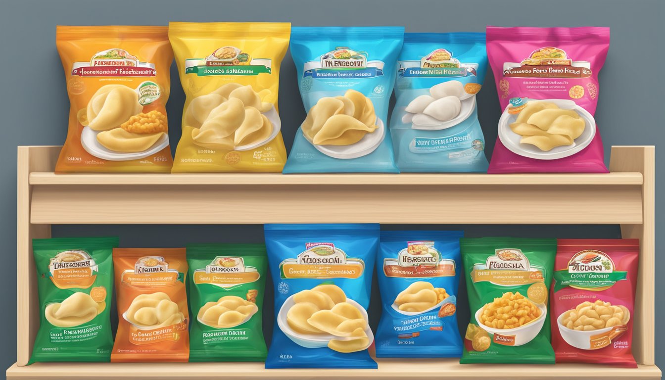 A variety of popular frozen pierogi brands arranged on a display shelf. Bright packaging and enticing flavors are visible