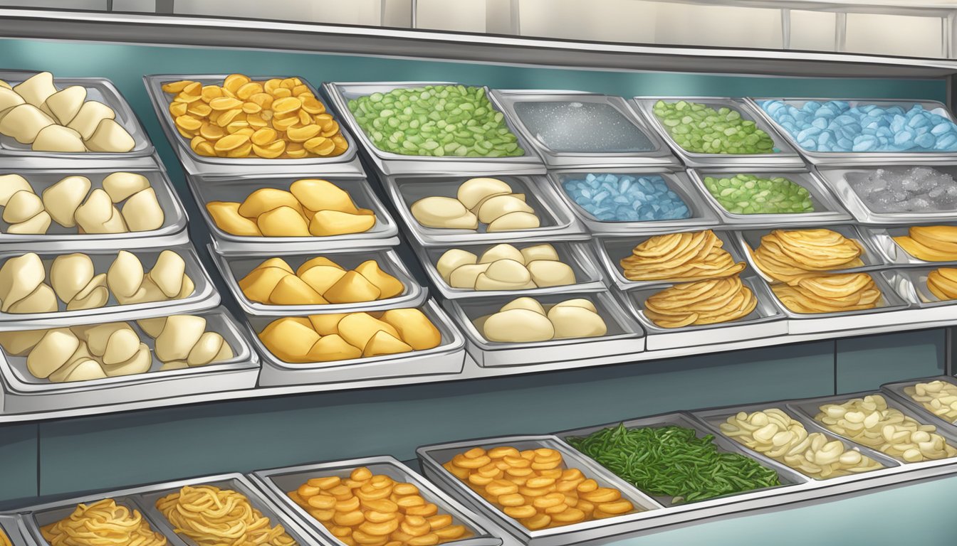 A variety of frozen perogies with delicious fillings and flavors displayed on a shelf