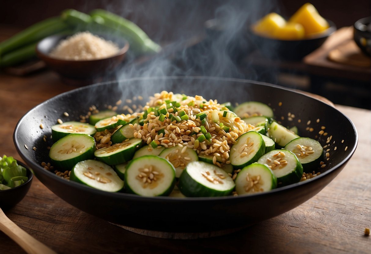 A wok sizzles with sliced zucchini, garlic, and ginger, as a chef tosses in soy sauce and sesame oil. Green onions and sesame seeds garnish the finished stir fry