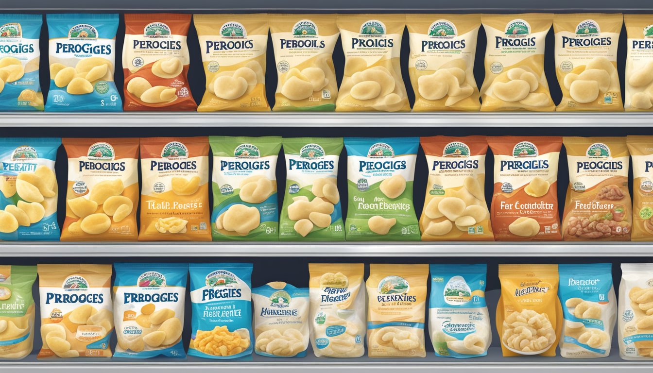 A variety of frozen perogies brands displayed on a grocery store shelf, with labels highlighting health and dietary considerations