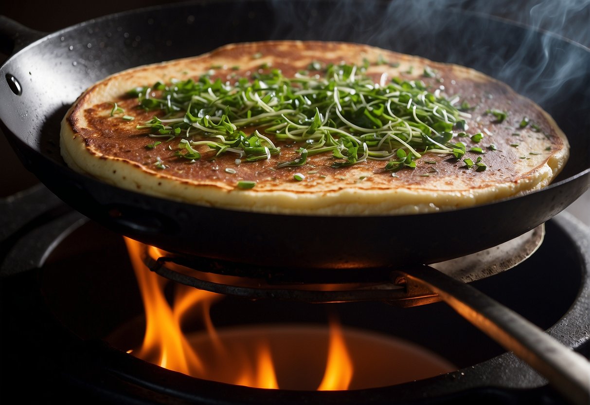 A sizzling pancake cooks in a hot skillet, filled with chopped chives and savory Chinese seasonings