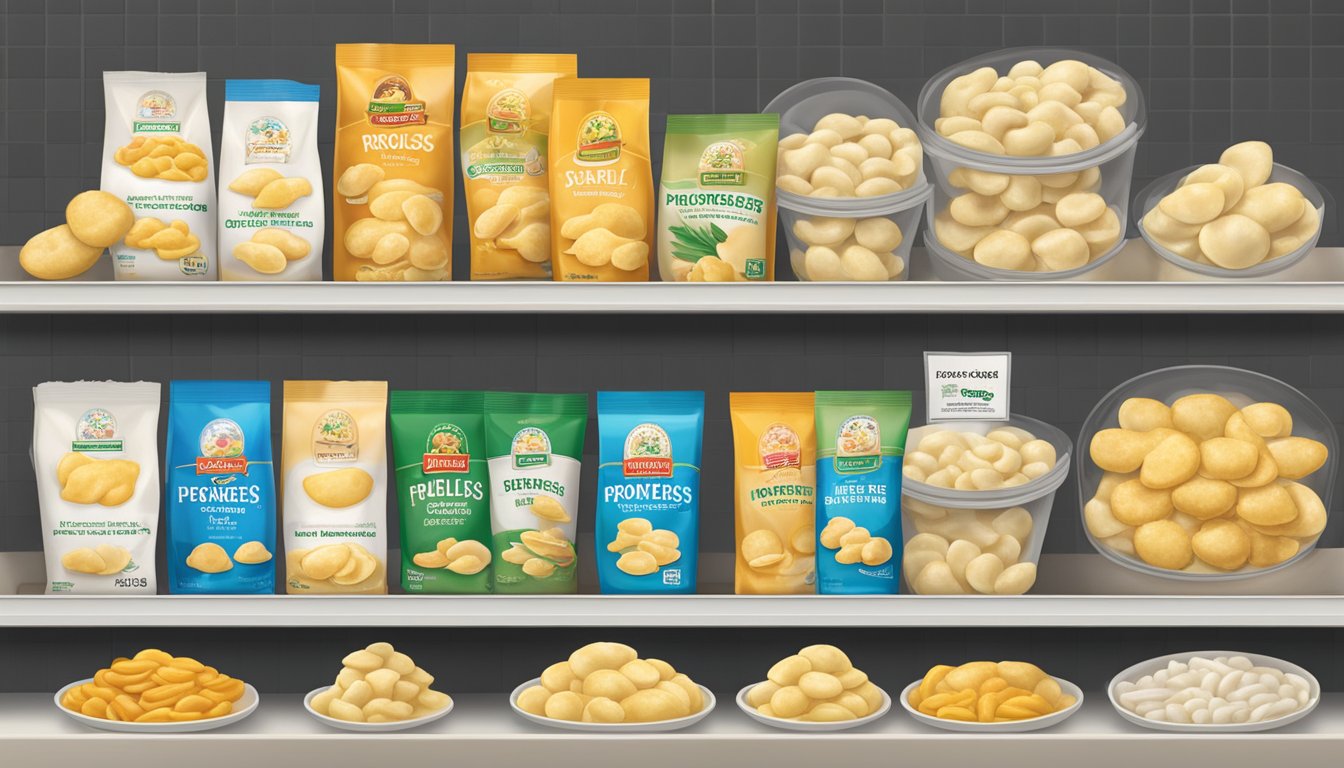 A variety of frozen perogies brands displayed on shelves with price tags and purchasing options