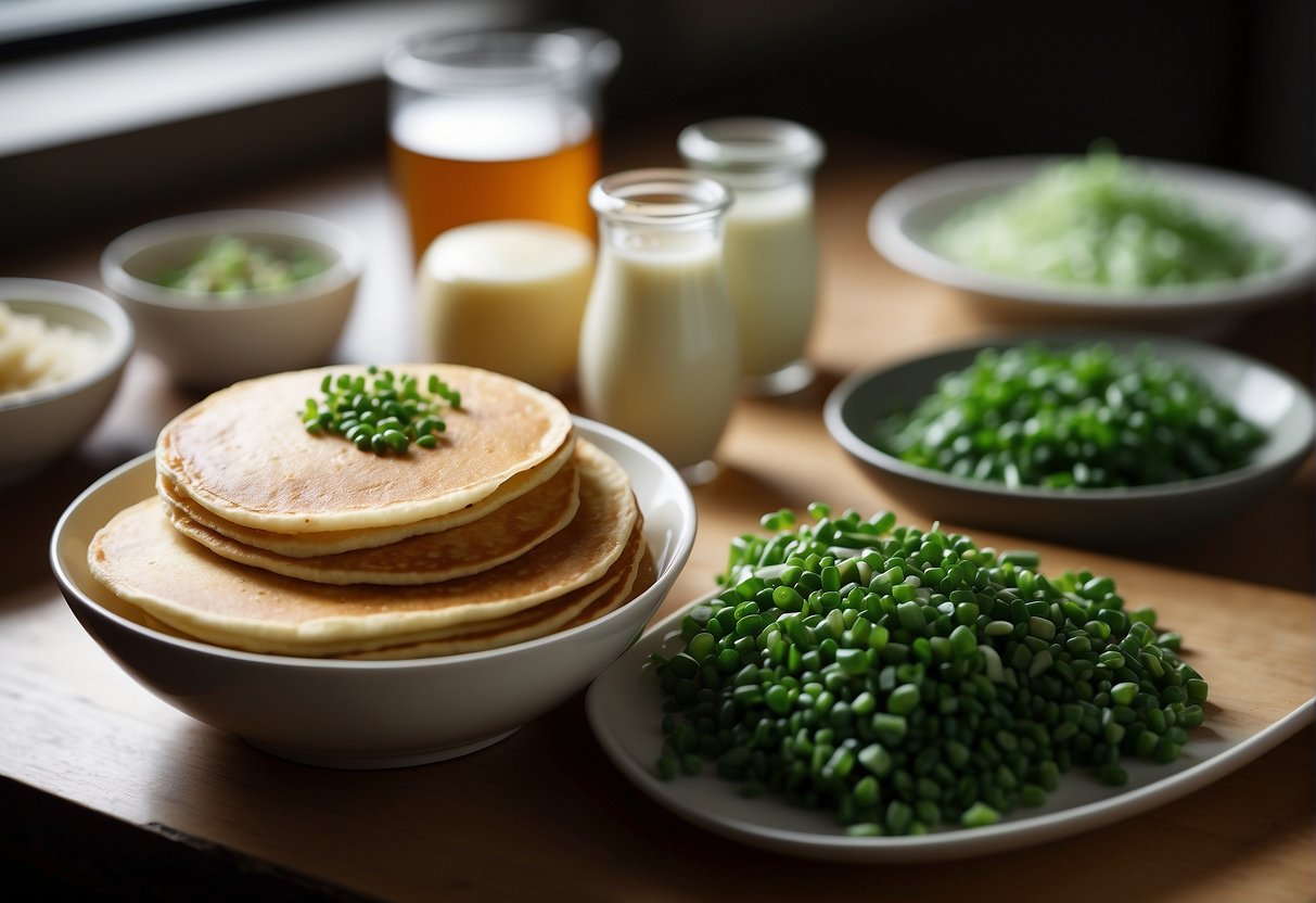 A bowl of chopped chives, a stack of pancakes, and a variety of Chinese ingredients laid out on a kitchen counter