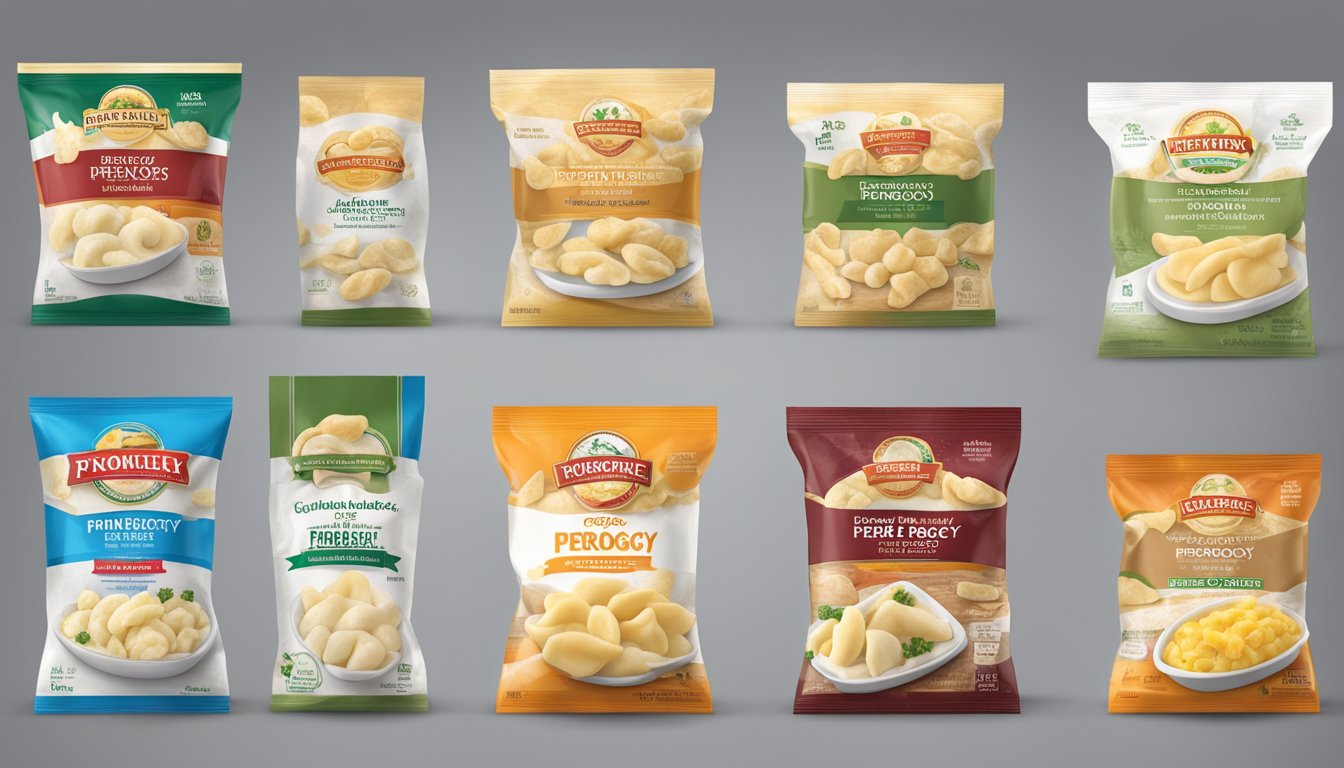 A variety of frozen perogy brands arranged in a display, with labels and packaging clearly visible