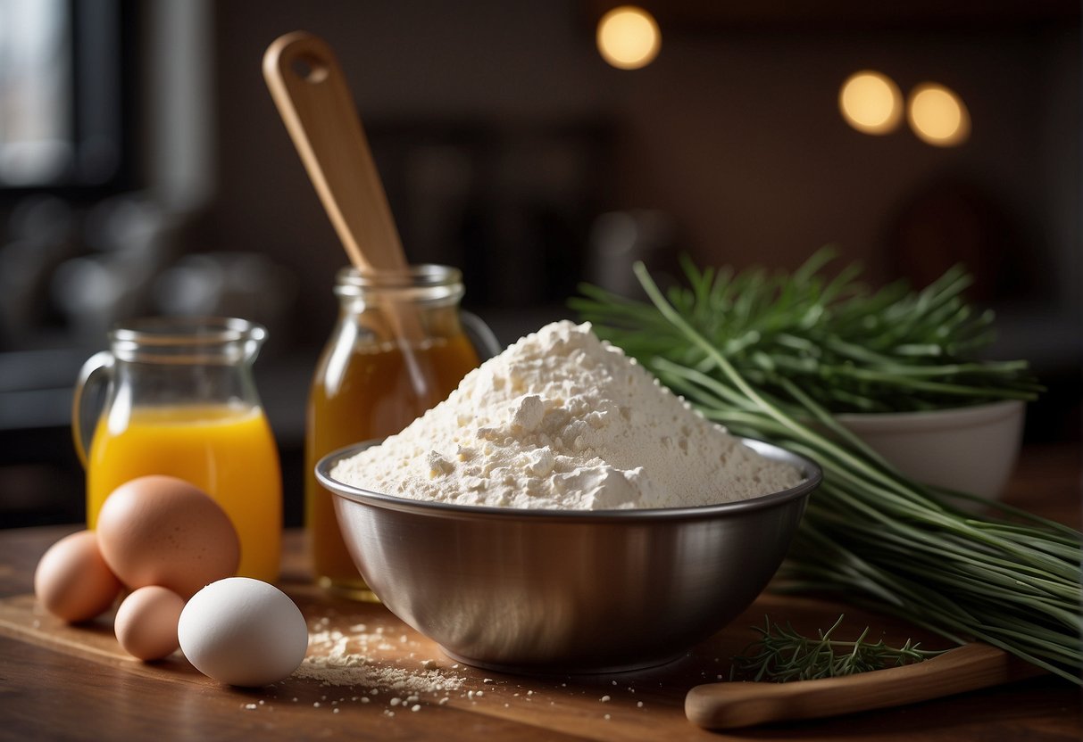 A mixing bowl with flour, eggs, chives, and seasonings. A whisk and spatula sit nearby