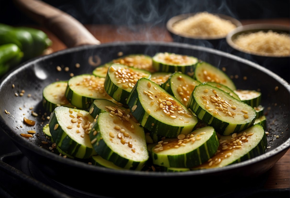 Zucchini slices sizzle in a hot wok with garlic, ginger, and soy sauce. A sprinkle of sesame seeds adds a final touch