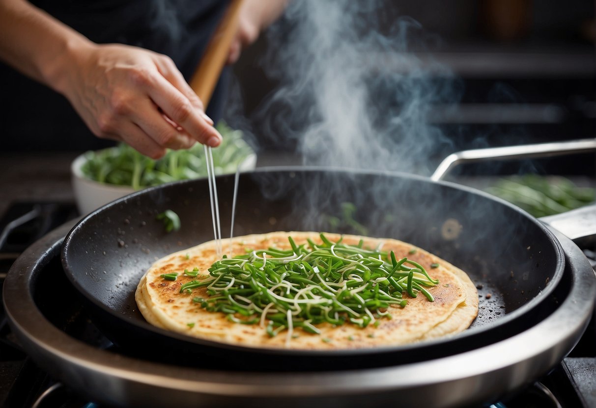 Chives and batter mix in a sizzling pan. Steam rises as the pancake cooks, filling the air with a savory aroma