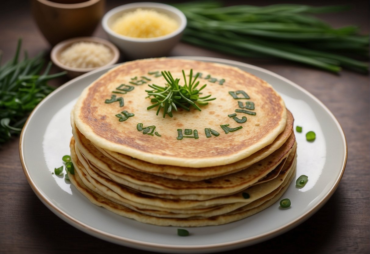 A plate of chives pancake with Chinese characters, surrounded by ingredients and nutritional information label