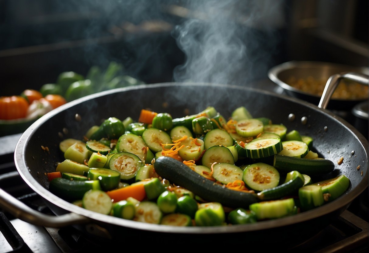 Zucchini and other vegetables sizzling in a wok with soy sauce and spices. Steam rising, vibrant colors, and enticing aromas fill the air