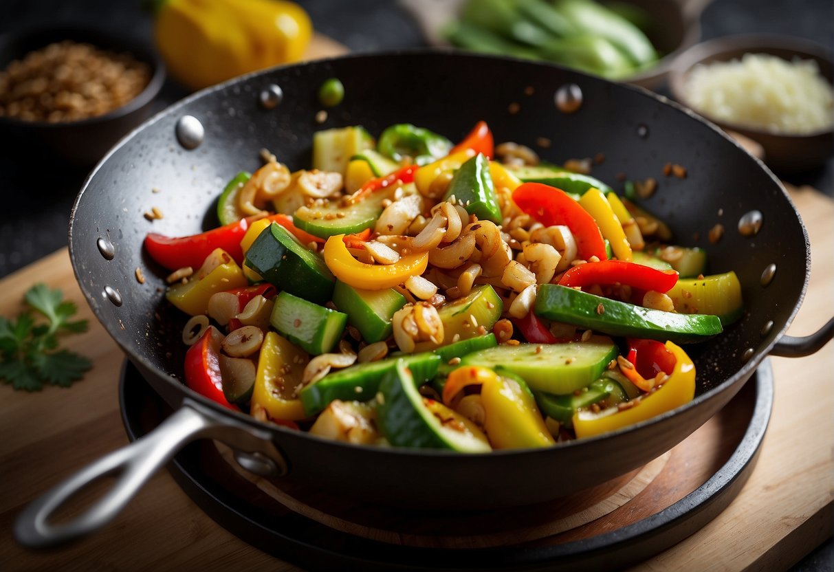 A wok sizzles with Chinese zucchini stir fry. Garlic, ginger, and soy sauce aromas waft through the kitchen. Vibrant green zucchini and colorful bell peppers glisten with a glossy sauce