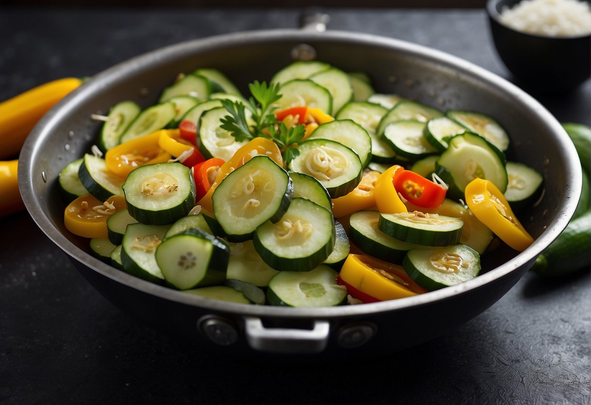 Fresh zucchini, sliced thin, sizzling in a wok with garlic, ginger, and soy sauce. A colorful array of bell peppers and onions add texture and flavor