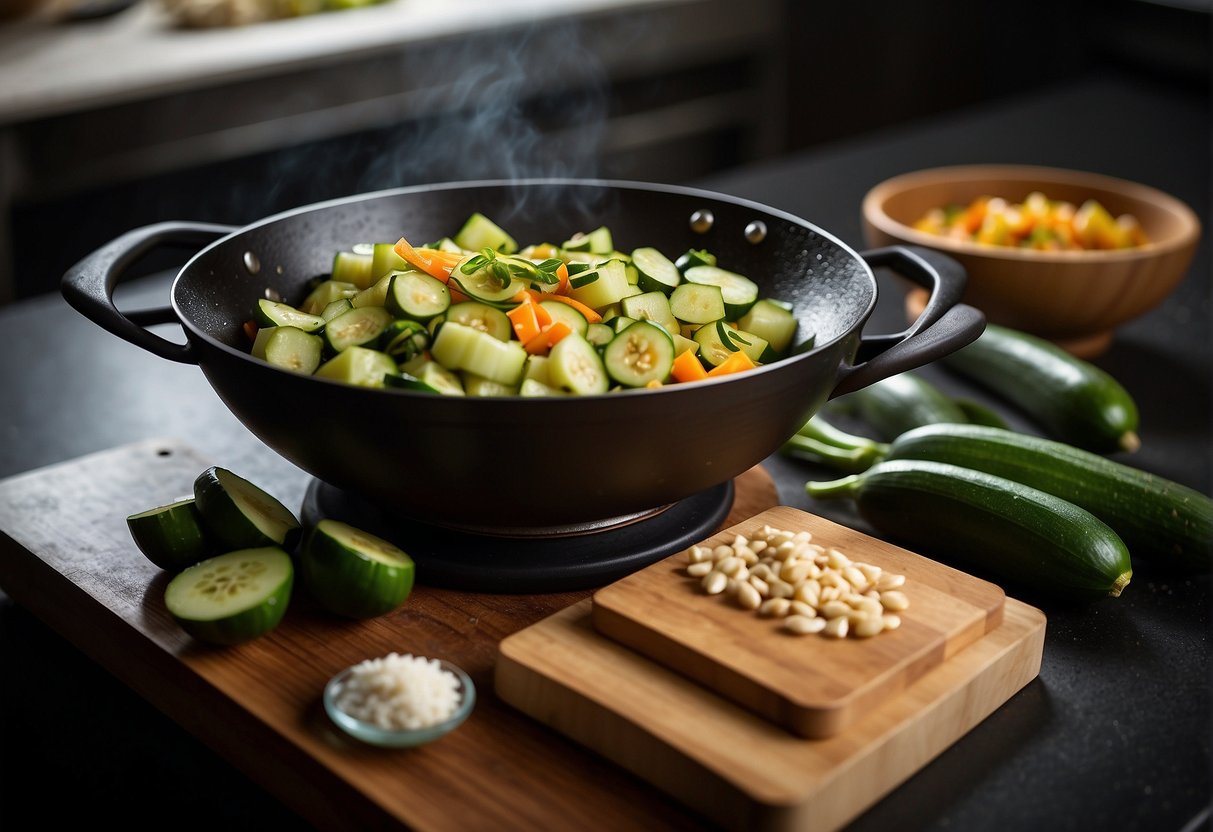 A wok sizzling with diced zucchini, garlic, and ginger in a fragrant soy sauce, with a stack of recipe cards nearby