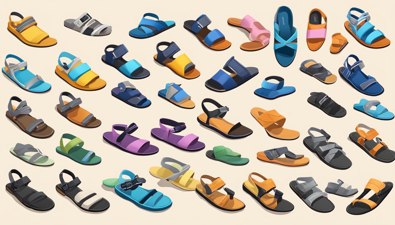 Colorful sandals arranged in rows, from casual to formal, with price tags and brand logos displayed