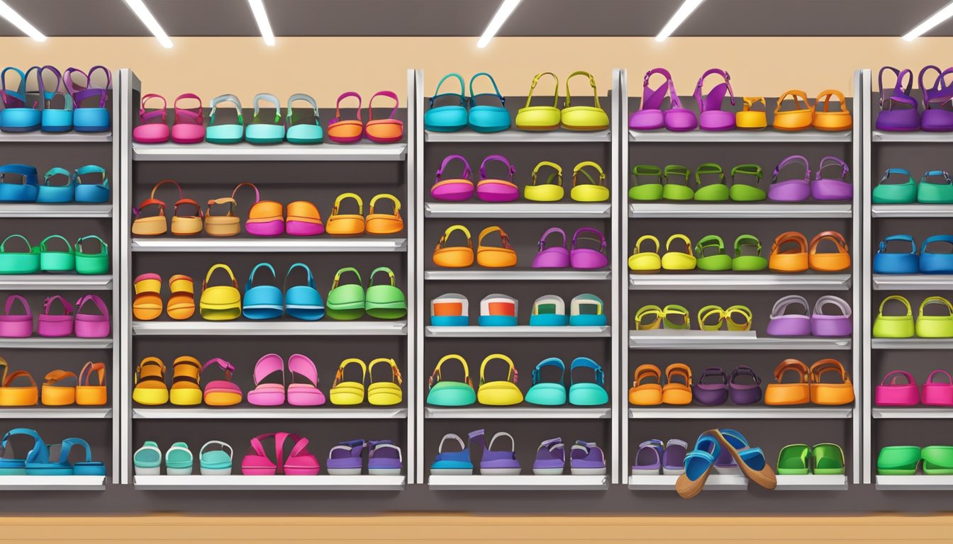 Colorful display of branded sandals for men and women, arranged neatly on shelves with price tags