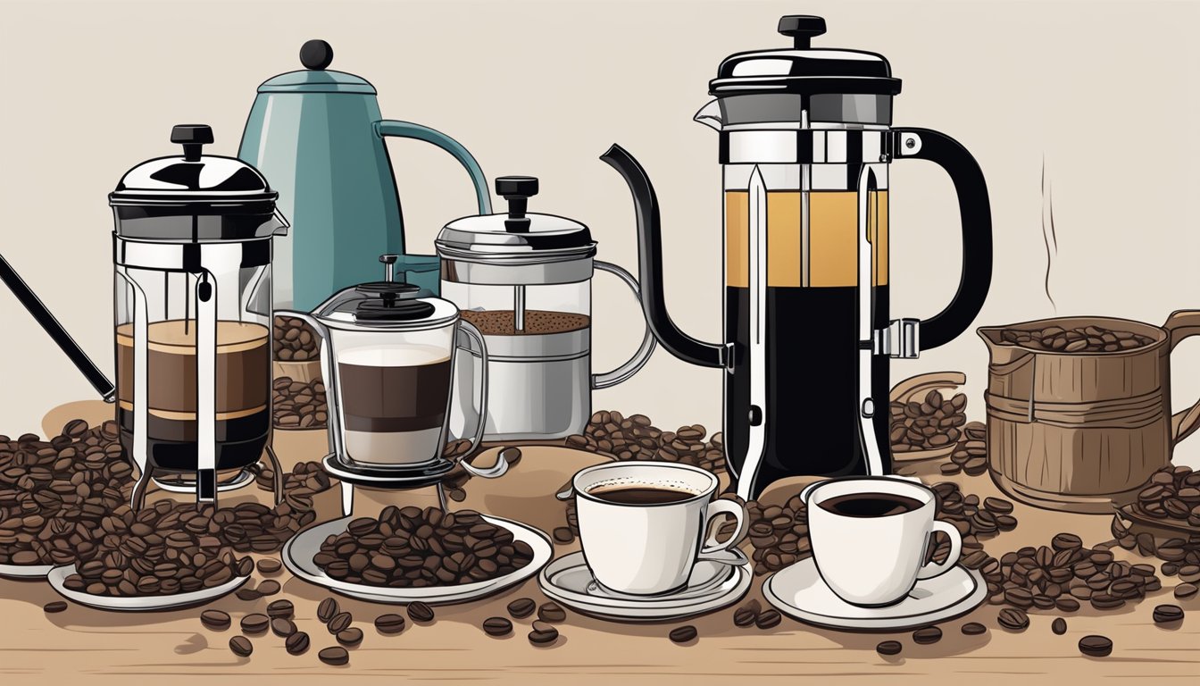 A table with various French press brands displayed, surrounded by coffee beans and a steaming cup