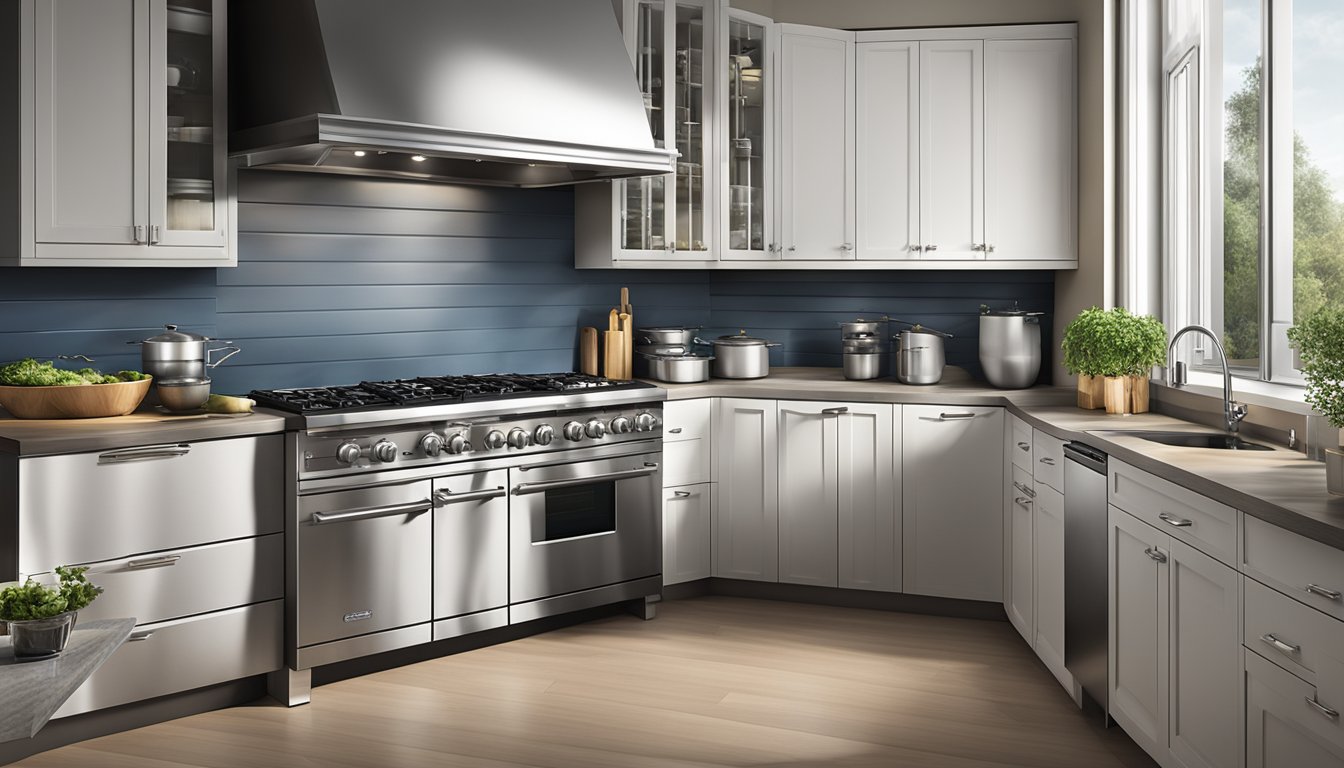 A kitchen with a variety of gas stove brands on display, each with different features and designs. Bright lighting highlights the stainless steel and sleek finishes of the stoves