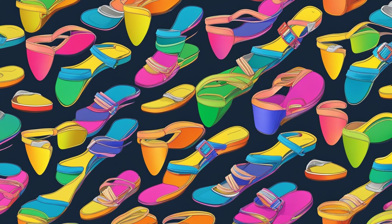 A vibrant display of various cheap branded sandals, arranged in a rainbow of colors and styles, creating an eye-catching scene