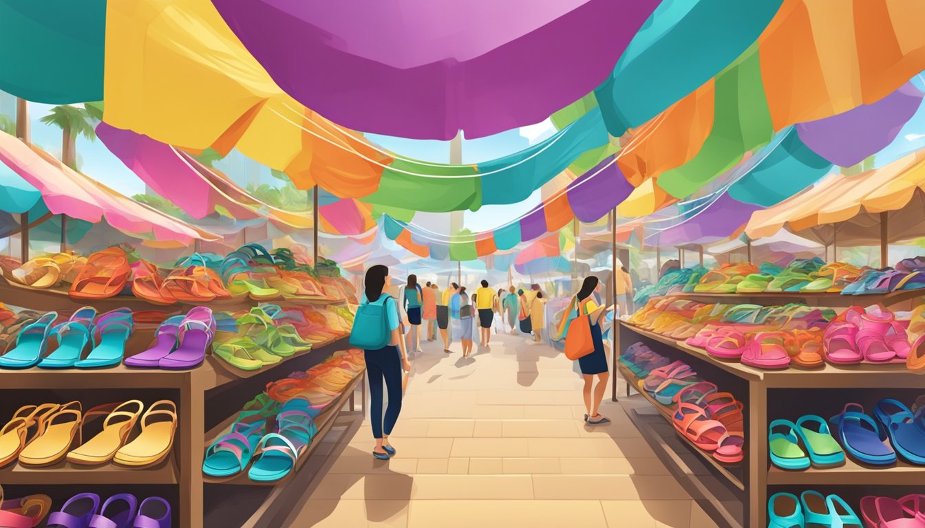 A colorful display of discounted branded sandals in a bustling market setting in Singapore and Thailand