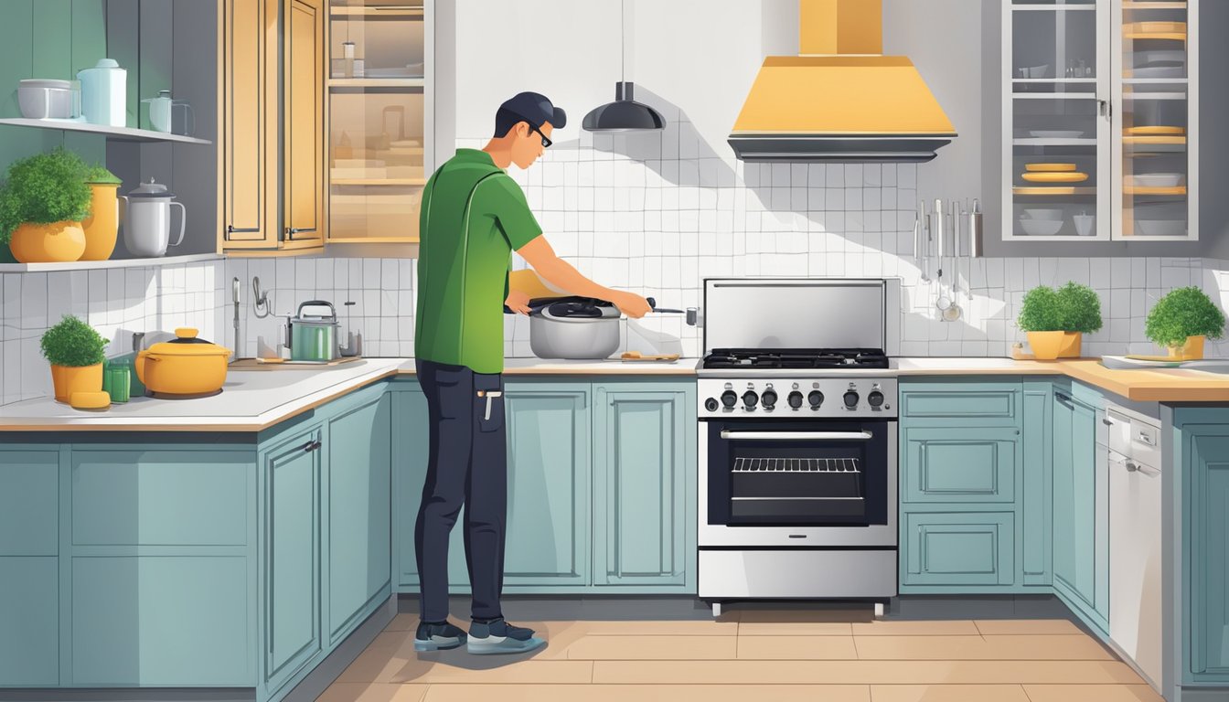 A technician installs and maintains various gas stove brands in a modern kitchen setting