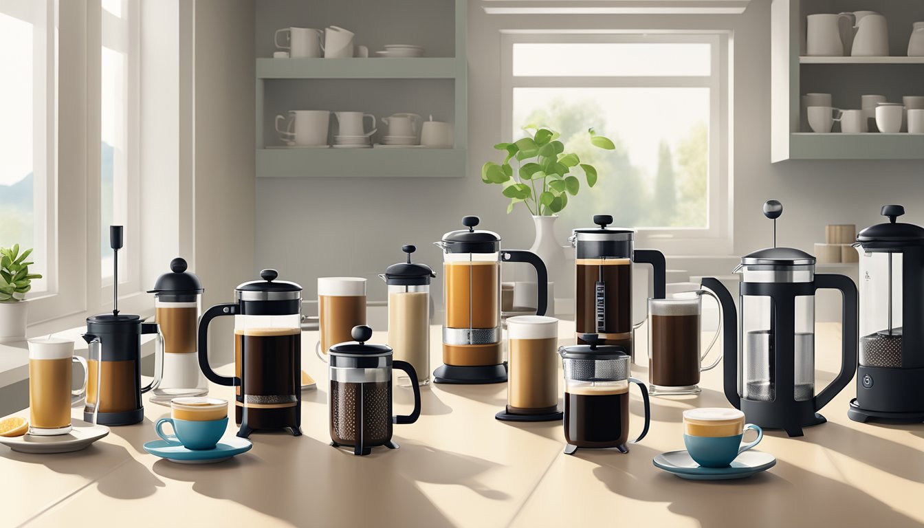A table with various French press brands and their flagship models displayed in a well-lit room