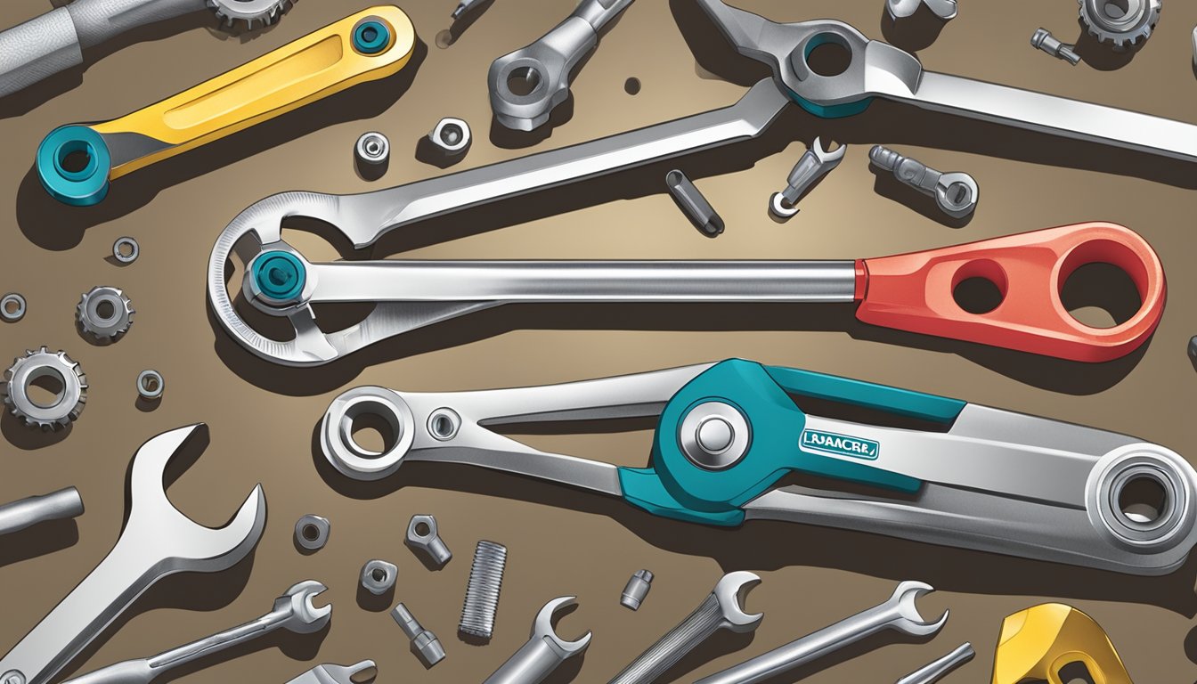 A Chicago brand open-ended ratchet spanner, resting on a workbench with other tools and equipment scattered around