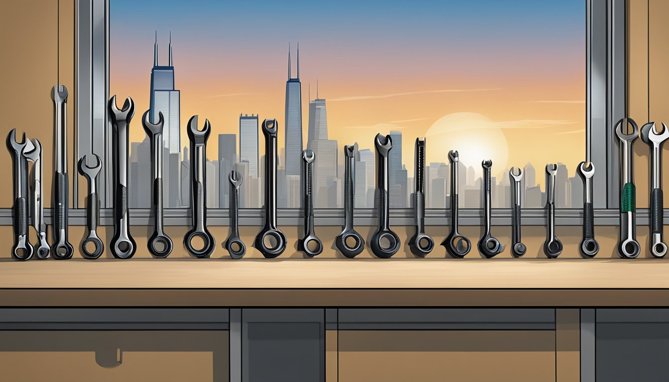 An array of Chicago brand open-ended ratchet spanners arranged neatly on a workbench, with the Chicago skyline visible through a nearby window