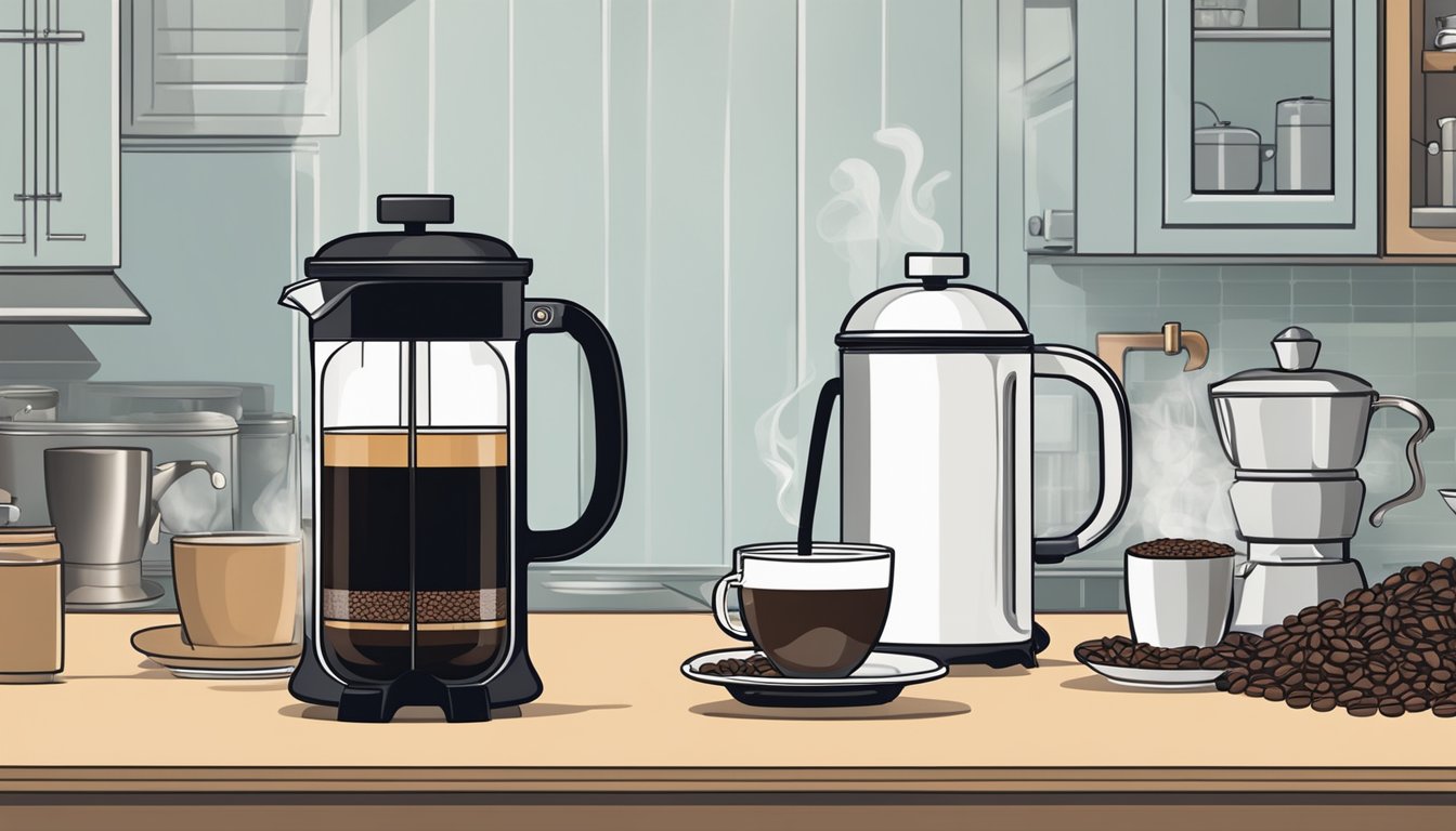A French press sits on a kitchen counter, surrounded by various brands of coffee beans and a steaming kettle in the background