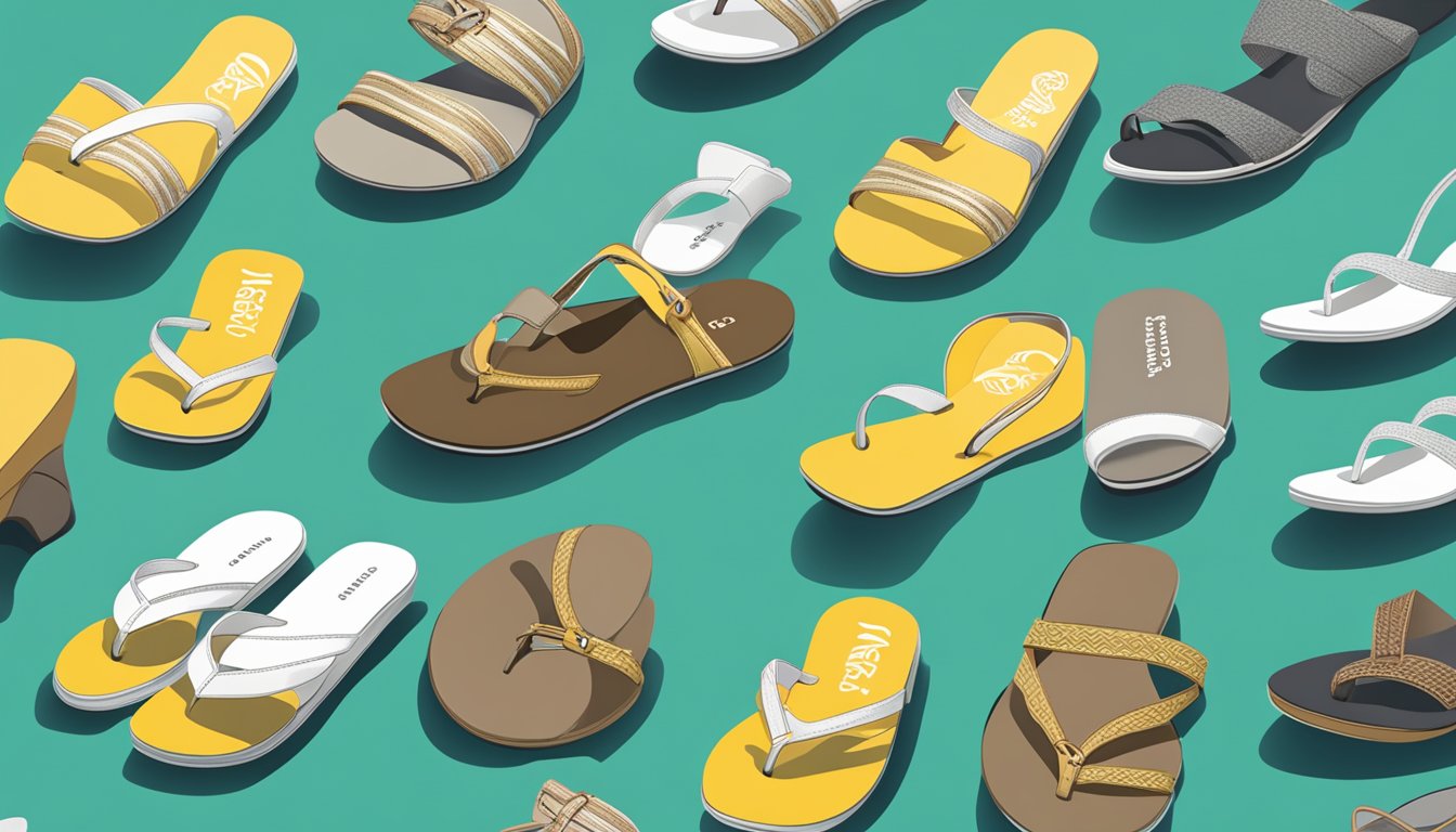 A display of various cheap branded sandals with a sign reading "Frequently Asked Questions" above them