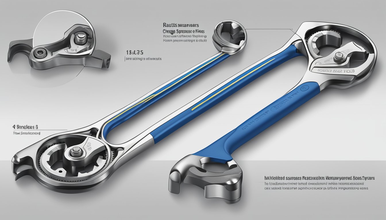A close-up of the Chicago brand open-ended ratchet spanner, highlighting its unique features and innovative design