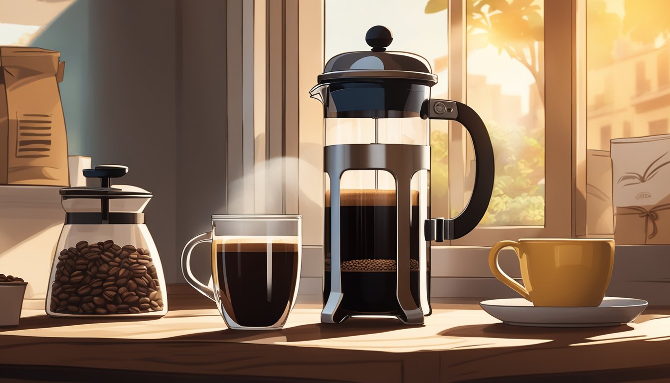 A French press sits on a wooden table, surrounded by bags of coffee beans and various branded packaging. Sunlight streams through a nearby window, casting a warm glow on the scene