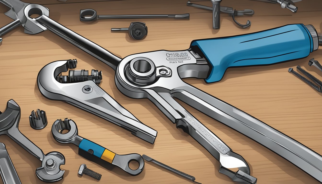 A hand tool set on a workbench, with a Chicago brand open-ended ratchet spanner being used to tighten a bolt