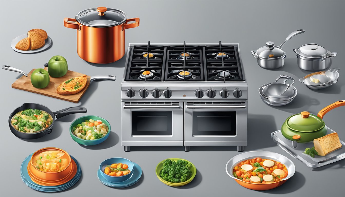 Various cookware and accessories arranged around a gas stove, displaying compatibility with different brands