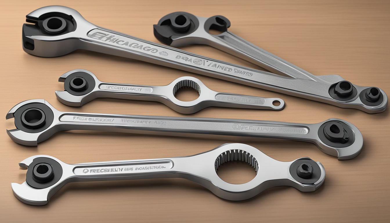 A set of open-ended ratchet spanners with the Chicago brand logo, arranged neatly on a workbench with various sizes and a label that says "Frequently Asked Questions."