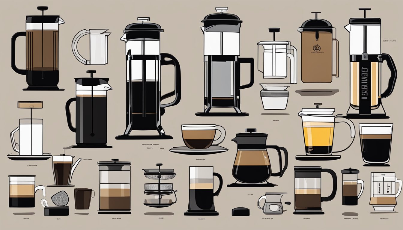 A table with various French press brands displayed. Labels and logos are visible. French press accessories are nearby